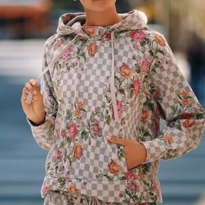Floral Checkered Hoodie - Gray and Pink